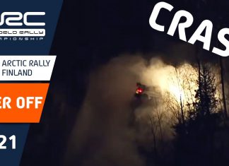 Här landar Sébastien Ogier i snödrivan i Arctic Rally Finland